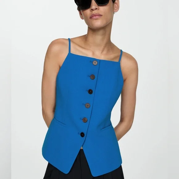 MANGO Halter Neck Gilet Buttons Sleeveless Suit Vest Blazer Royal Blue - Picture 2 of 10